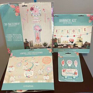 Boho Floral Birthday Party Decor Kit Banner Backdrop Swirls Candles Bundle NEW